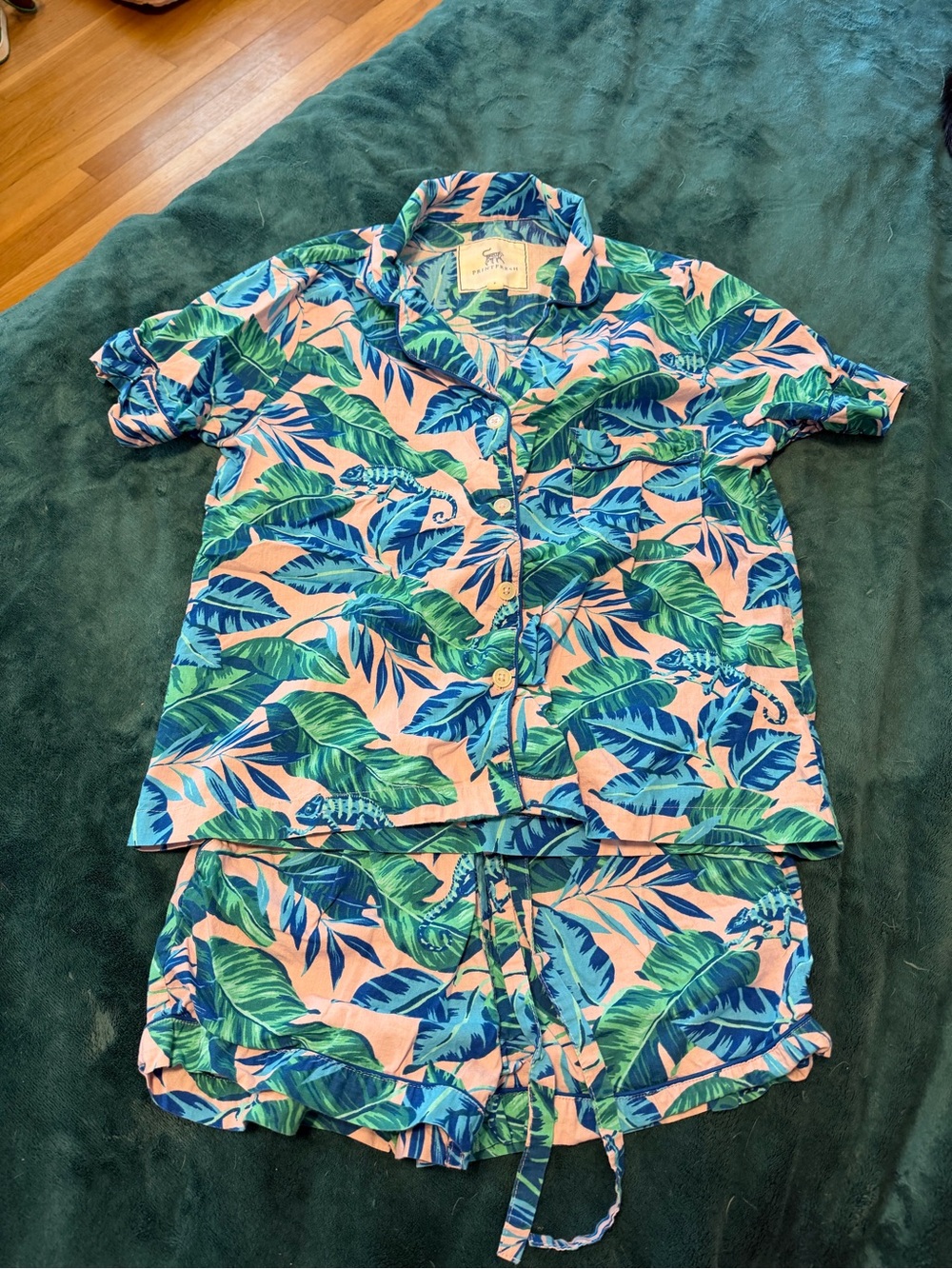 Printfresh Tropical Leaf and Chameleon Pink and Blue Pajama Set